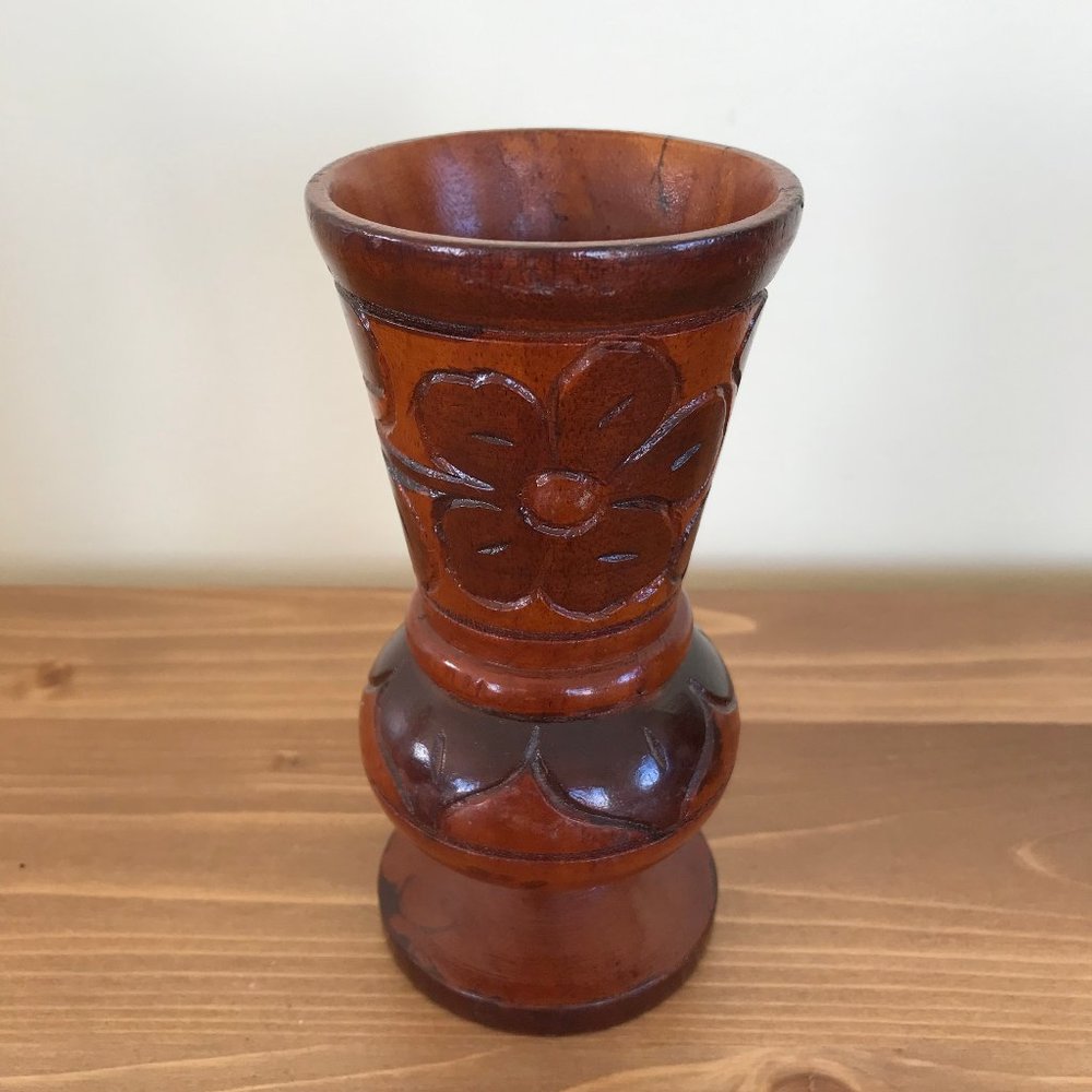 Small Wooden Vase Hand Carved Floral Design 5-1/2" Neutral Boho Decor